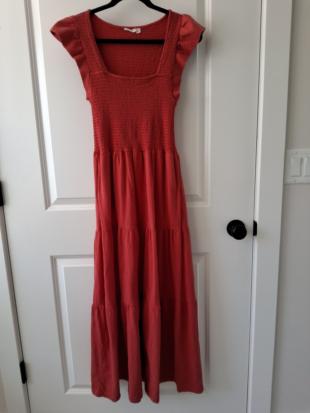 Lucky Brand Coral Red Tiered Maxi Dress with Square Neck